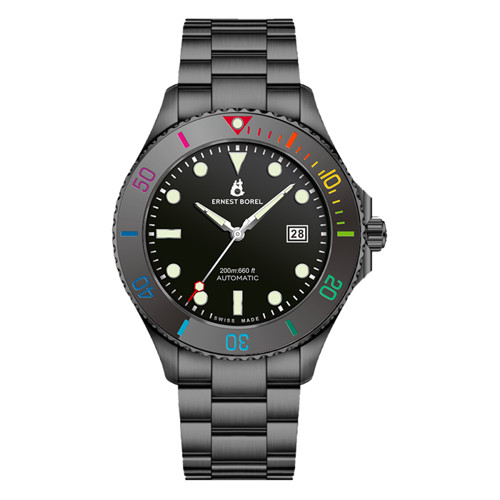 Borel Sage Collection "Ctenophore" DLC Black Steel Rainbow Ceramic Ring 200 meters Diving Men's Automatic Watch N0735G0D-MZ5W