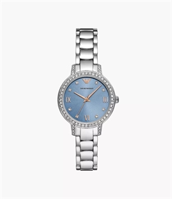 Armani Watch 冰藍色鑲鑽錶盤三指針不鏽鋼女士手錶 AR11585
