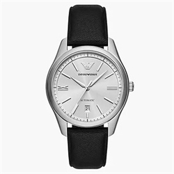 Emporio Armani 41mm 銀色錶盤不鏽鋼機械男士皮帶手錶 AR60077