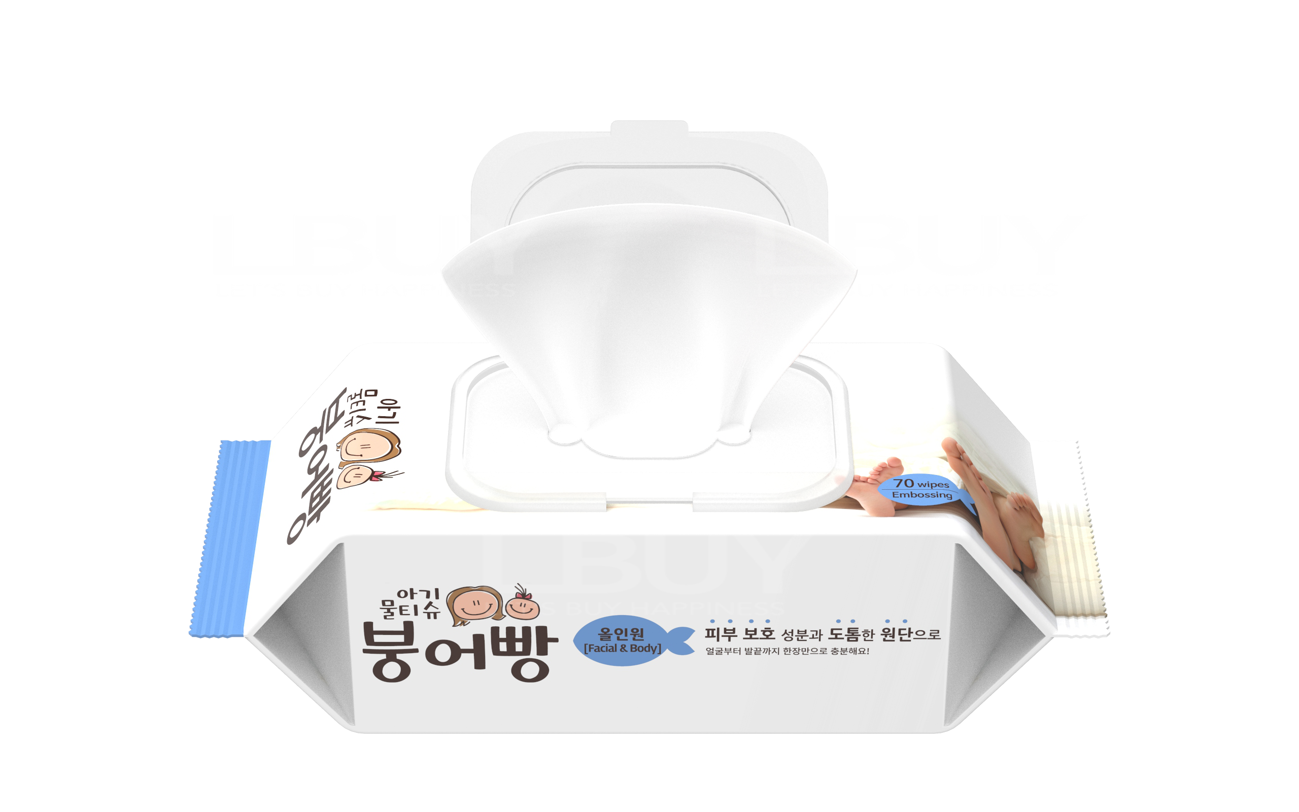 原箱10包装优惠붕어빵豆沙鱼韩国婴儿湿纸巾 (Facial & Body蓝色) - 70张