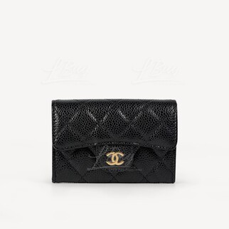 Chanel 經典款細號垂蓋卡片套 黑色配金色CC Logo AP0214