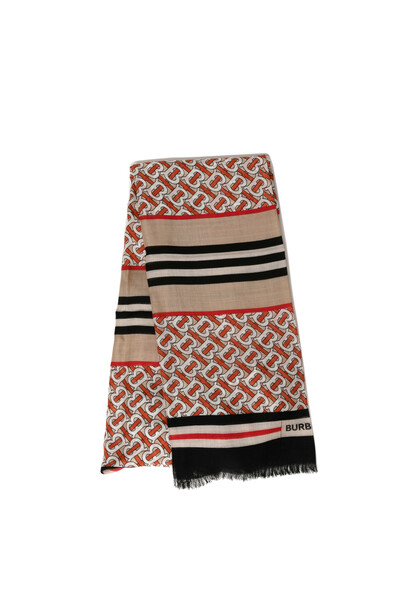 Burberry Icon Stripe Monogram Print Wool Silk Square Large Scarf