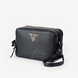 Prada Gold Logo Leather Double Zipper Shoulder Bag Crossbody Bag Black