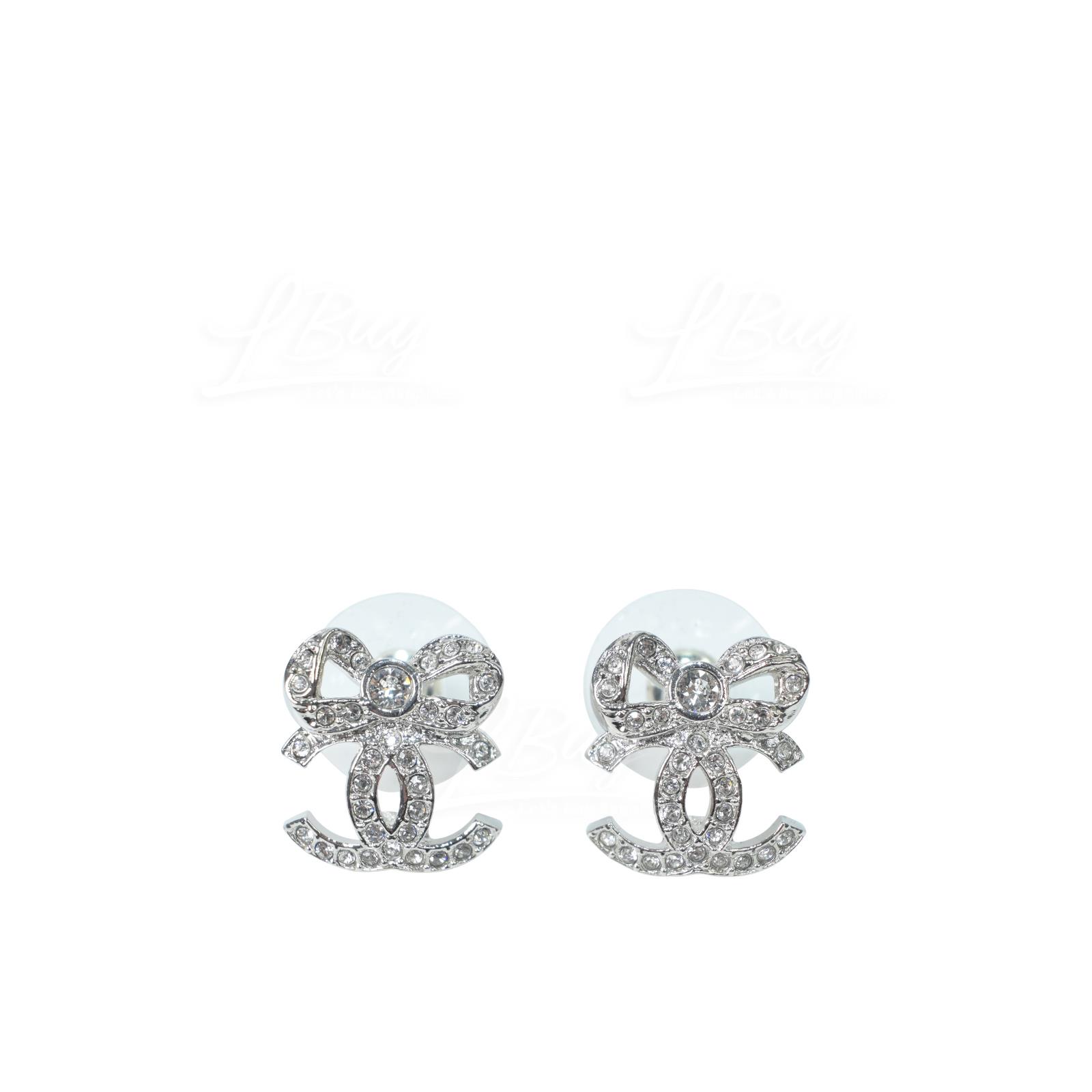 Chanel Silver Bow CC Logo Earrings AB9231