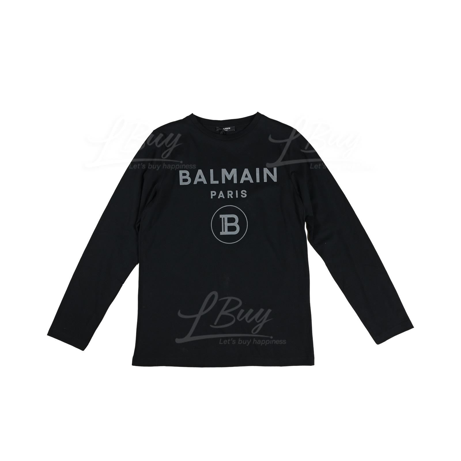 BALMAIN-Balmain 灰色絨面Logo長袖T恤黑色