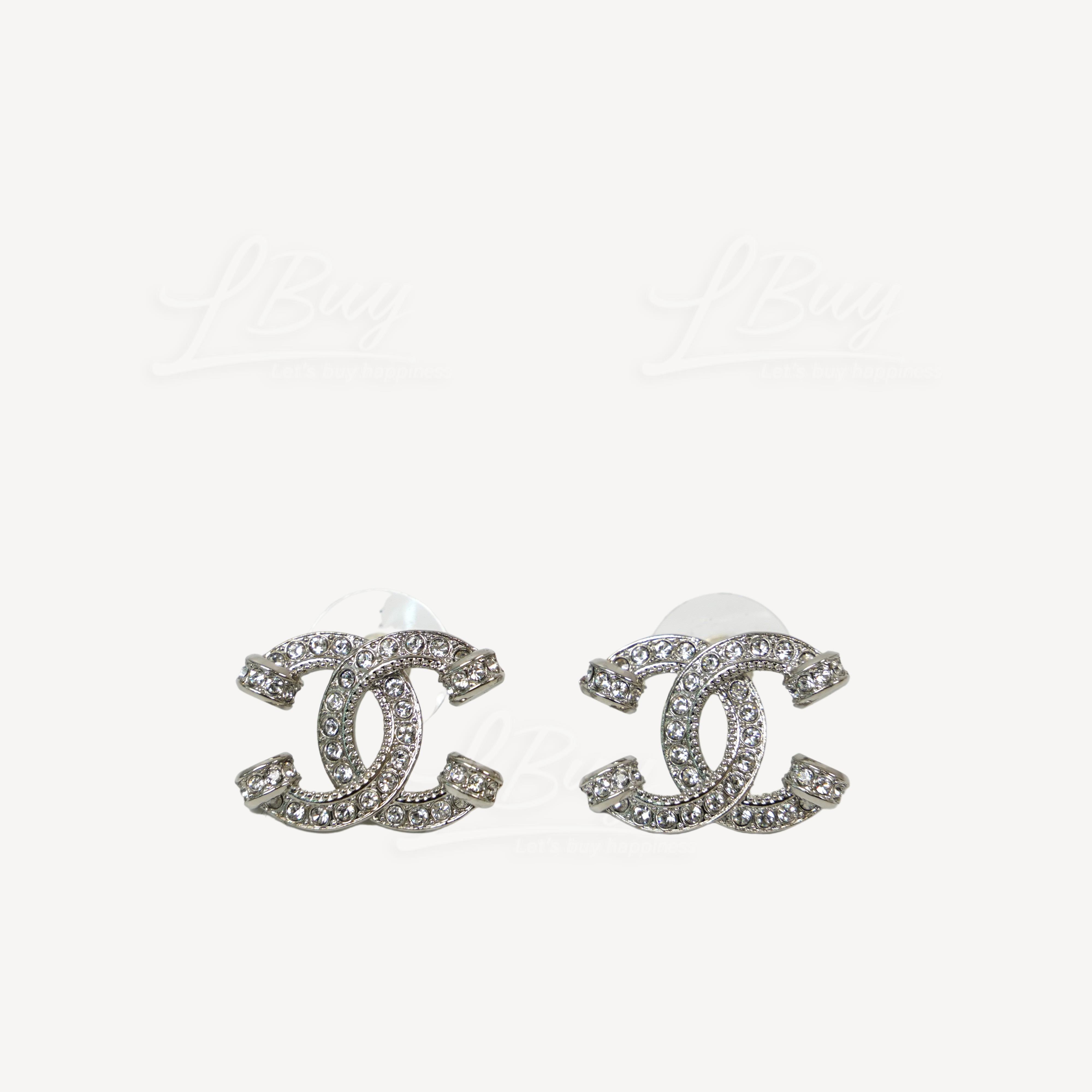 Chanel Sliver Rhinestone Medium CC logo Earrings ABA322
