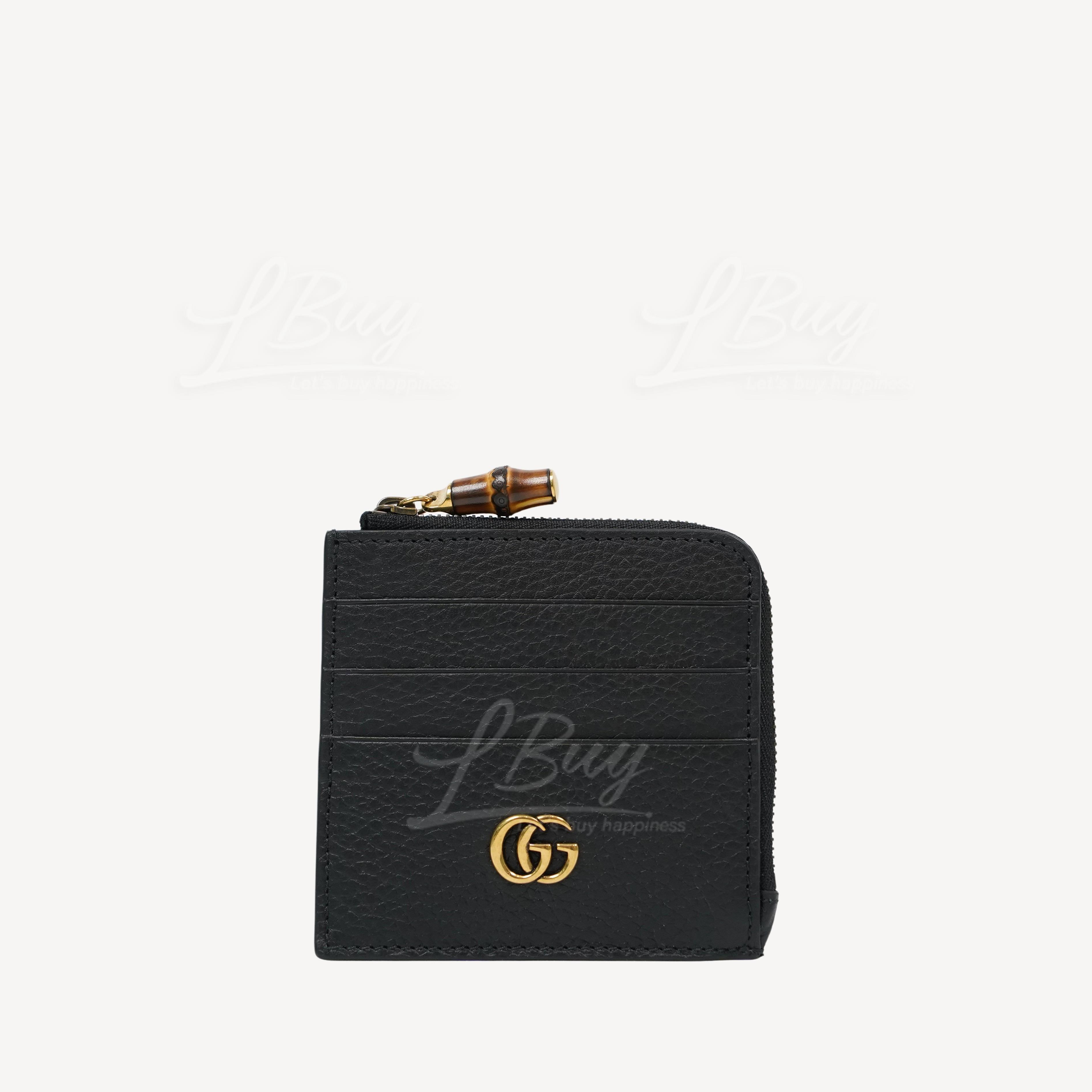 Gucci GG Logo Leather Card Case with Bamboo Zip Black