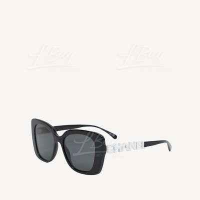 CHANEL-Chanel Square Black Frame White Rhinestone Logo Sunglasses