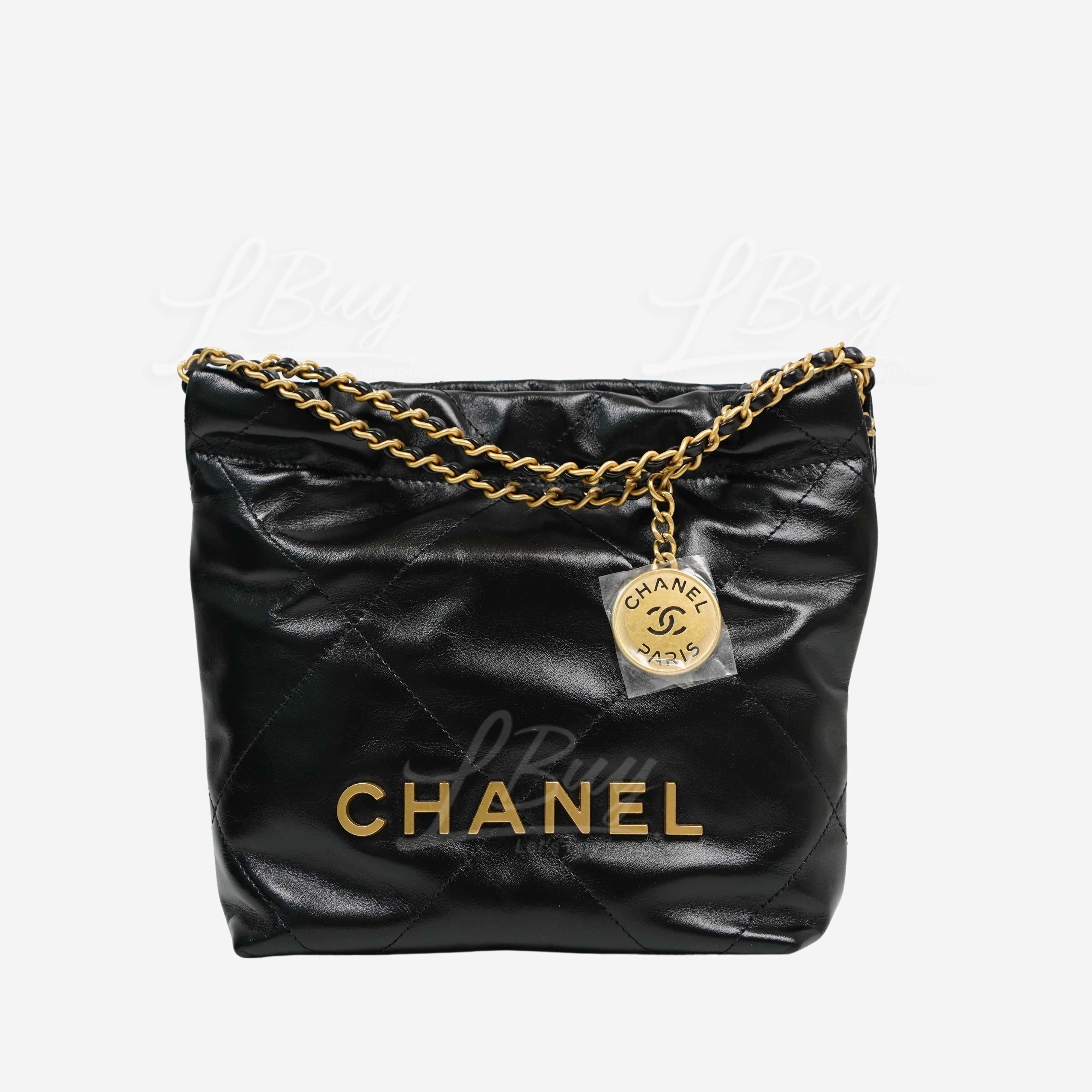 Chanel 22 Mini Handbag Gold Logo Shiny Calfskin Black AS3980