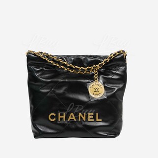 Chanel 22 Mini Handbag 金色Logo光面小牛皮黑色迷你手袋 AS3980
