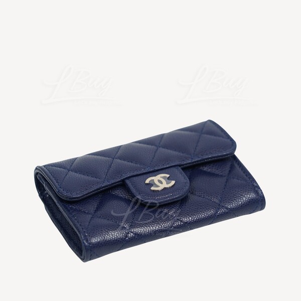 CHANEL-Chanel Classic Small Flap Wallet Card Holder Bleu Marine with Light  Gold Tone Metal AP0214