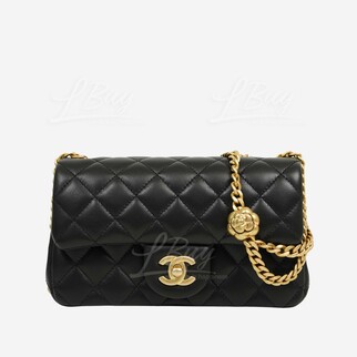 Chanel 山茶花調節扣鏈帶 金色CC Logo 內拼桃紅色 20cm黑色垂蓋手袋 AS4041