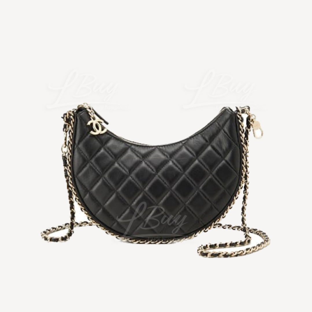 CHANEL-Chanel Black Leather Chain Moon bag Hobo Bag AS3917