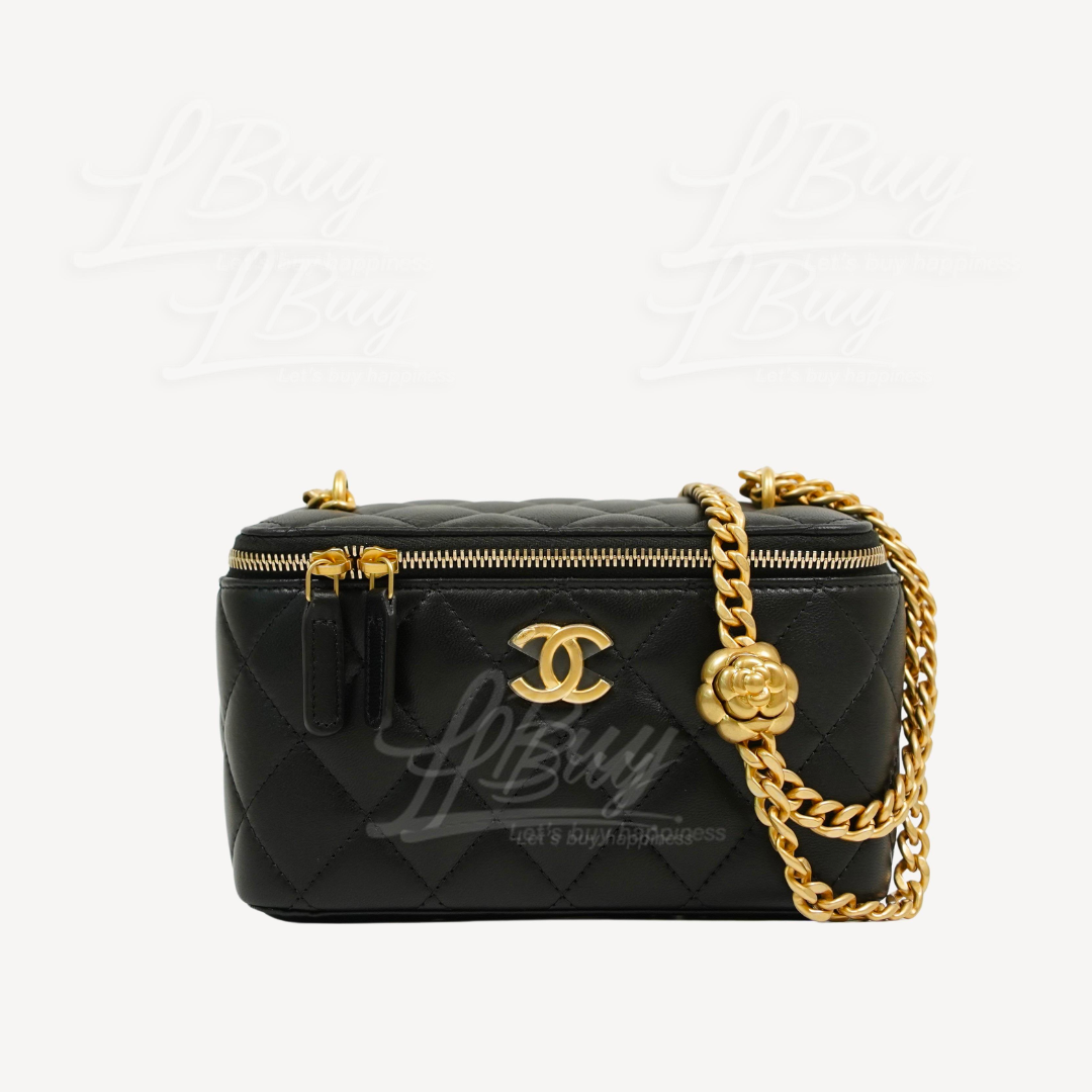 Chanel Camellia Adjusting Buckle Chain with Gold CC Logo Long Vanity Case Black and Fuchsia AP3301