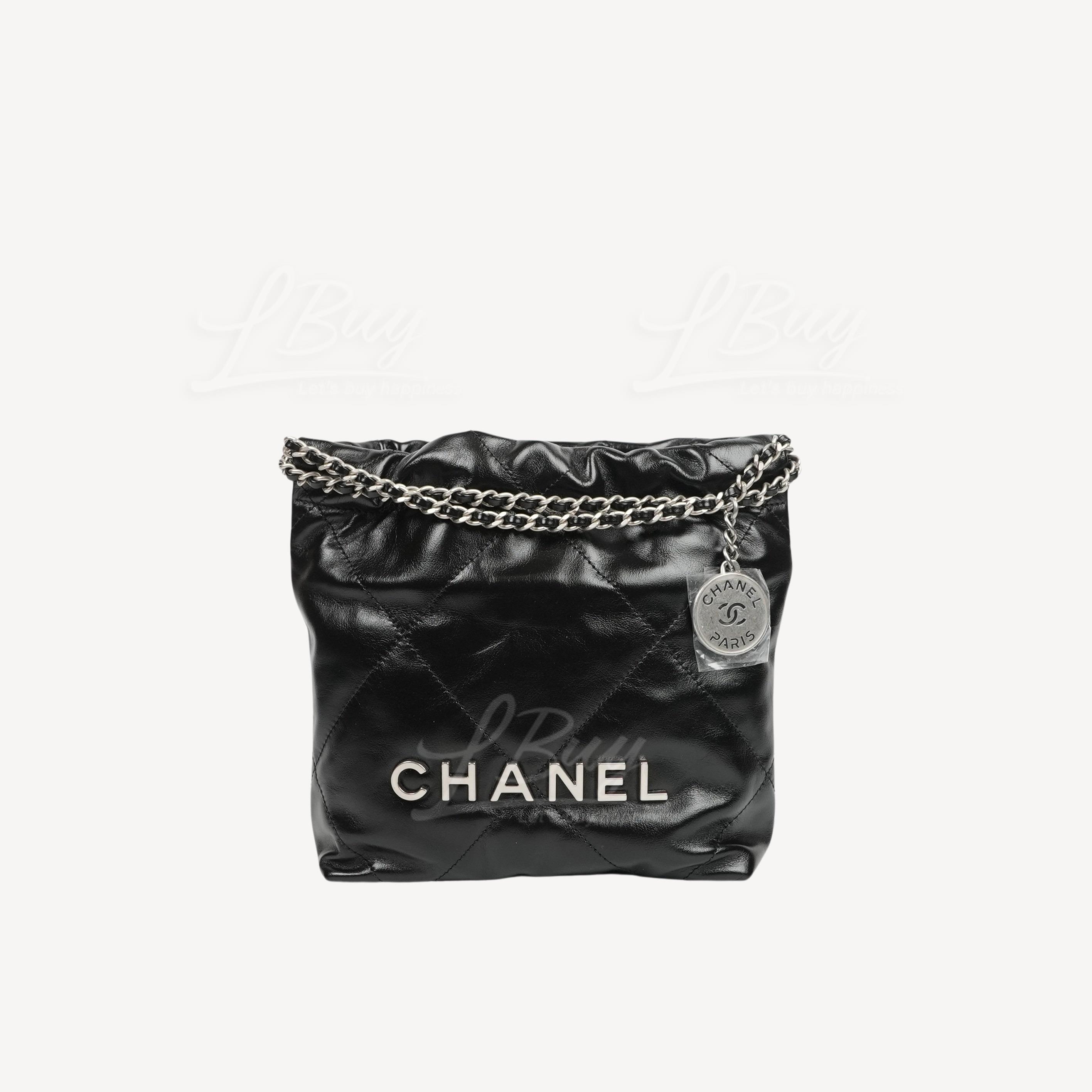 CHANEL-Chanel 22 Mini Handbag Silver Logo Shiny Calfskin Black AS3980