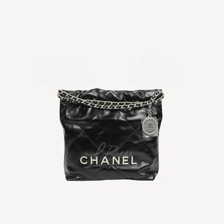 Chanel 22 Mini Handbag Silver Logo Shiny Calfskin Black AS3980
