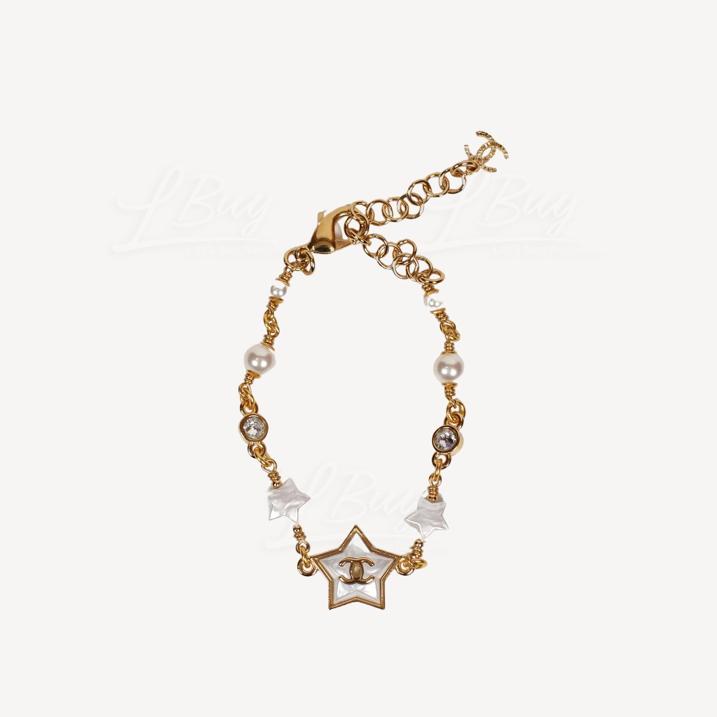 CHANEL-Chanel 貝母白色星星CC Logo白色珍珠手鏈ABC418