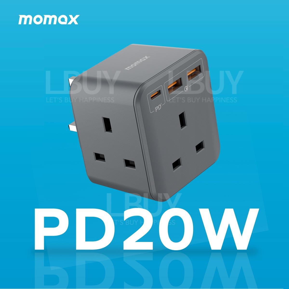 MOMAX ONEPLUG PD20W 3-Outlet Cube Extension Socket With USB US8 Grey