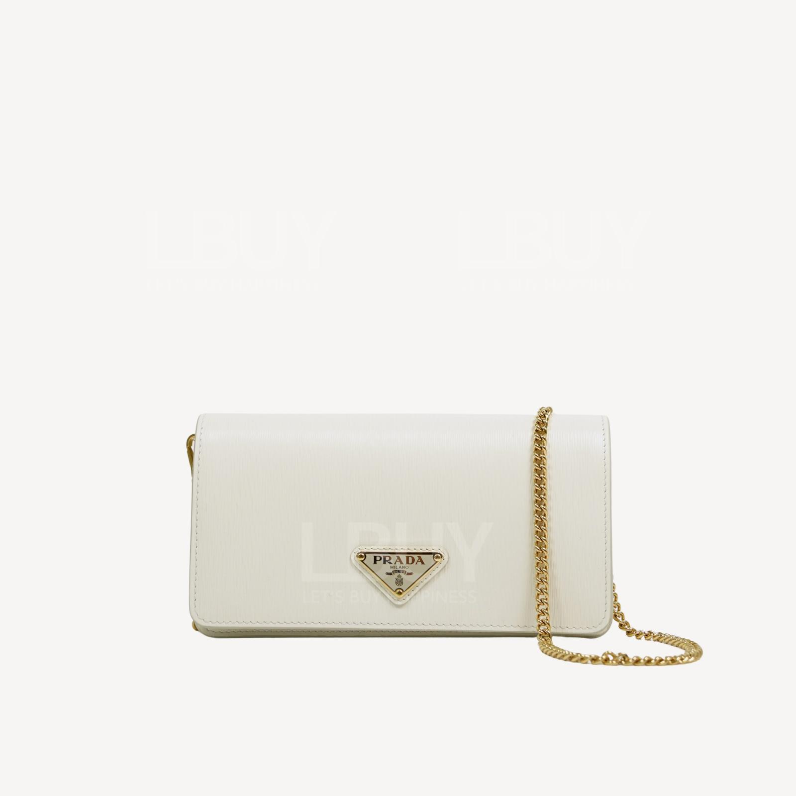 Prada 三角形标志印字Logo皮革WOC链带包 奶油白色 1BP021