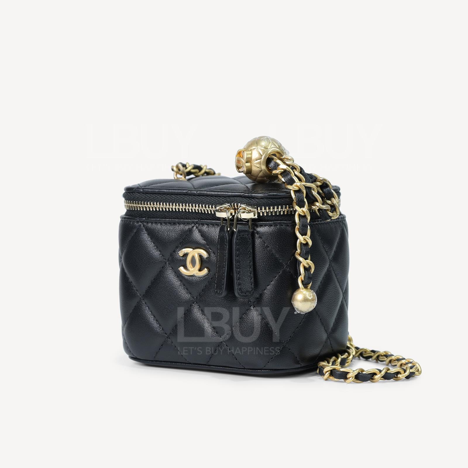 Chanel Gold Ball Mirror Base CC Logo Classic Small Vanity with Chain Black AP1447