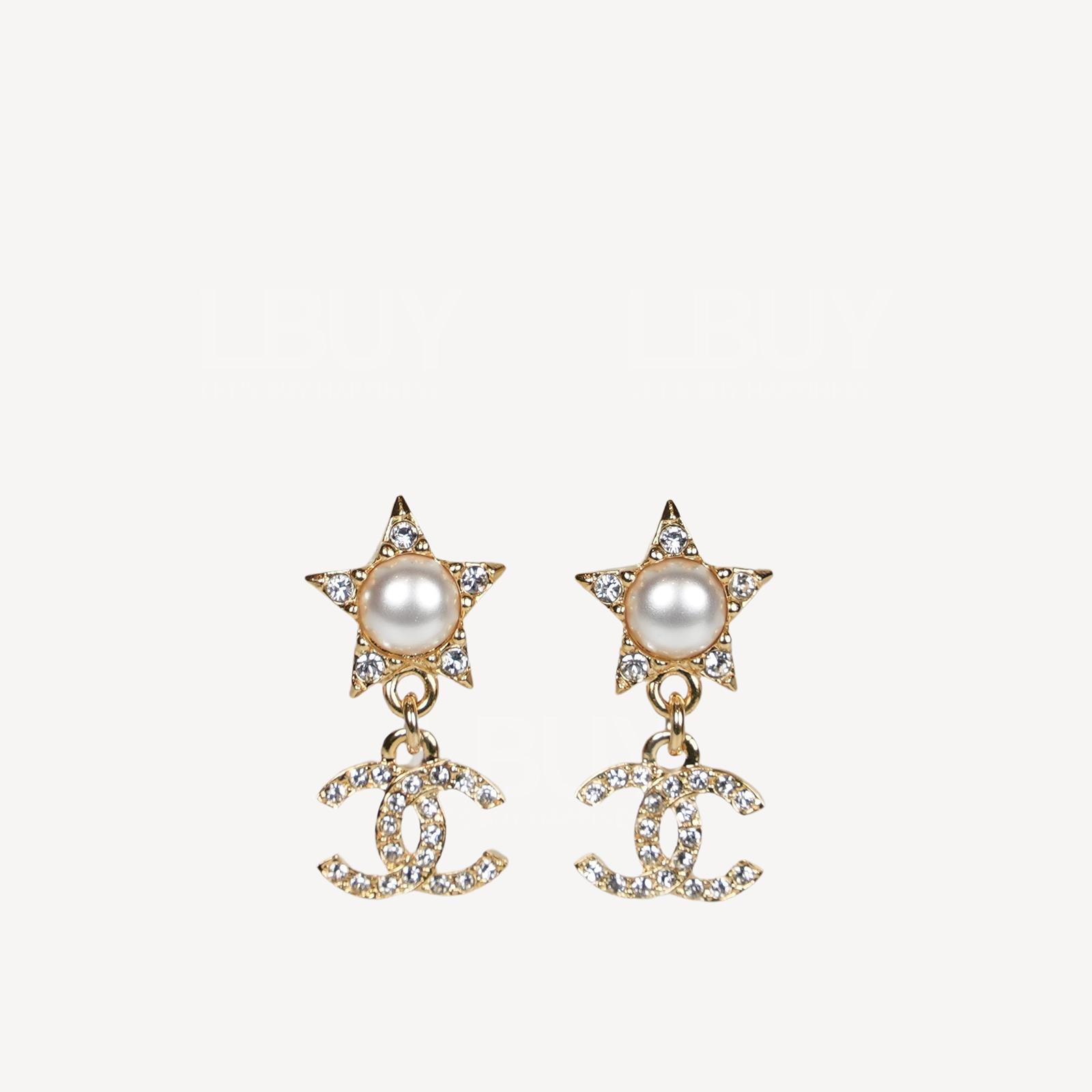 Chanel Pearl Star with Rhinestone CC Logo Gold Pendant Earrings ABC657