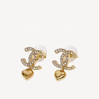 Chanel 金色水鑽CC Logo心心吊墜耳環 ABA272
