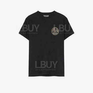 Versace Gold Leather Badge Logo Short Sleeved T-Shirt Black 74GAHY01