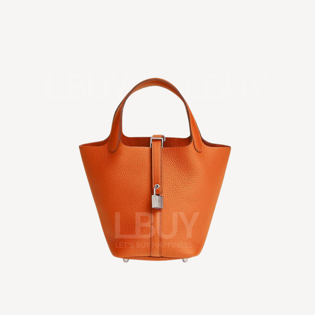 Hermes Picotin Lock 18 Bag Handbag Orange Patchwork Silver Buckle