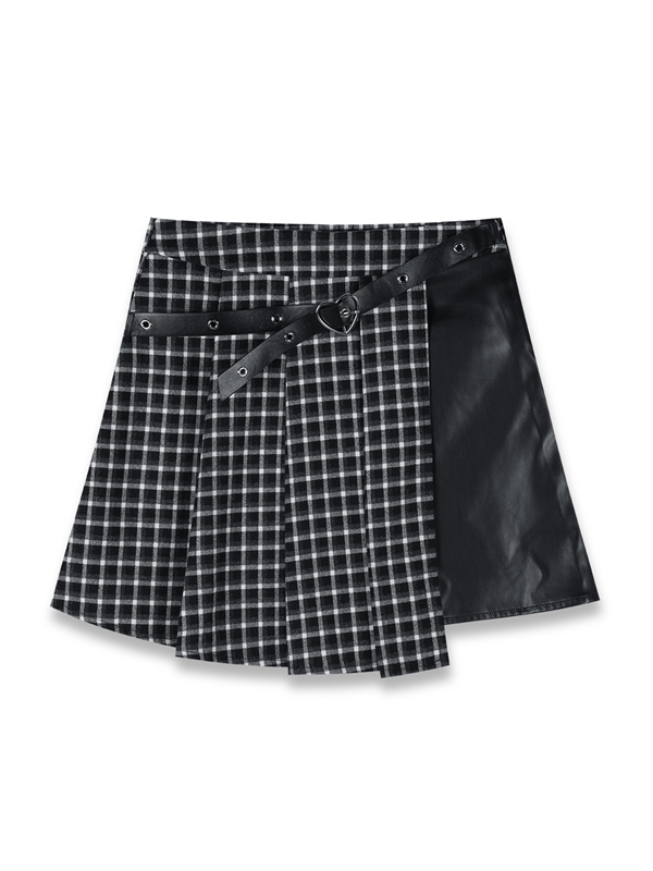 Plaid And Leather Pleated Skirt