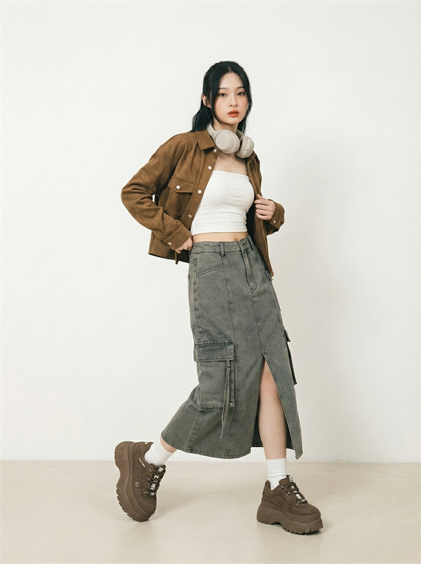 Denim Pockets Long Skirt