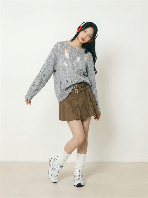 Double Belted Pleated Skirt