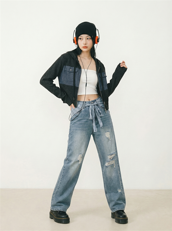 Jeans With Tartan Scarf