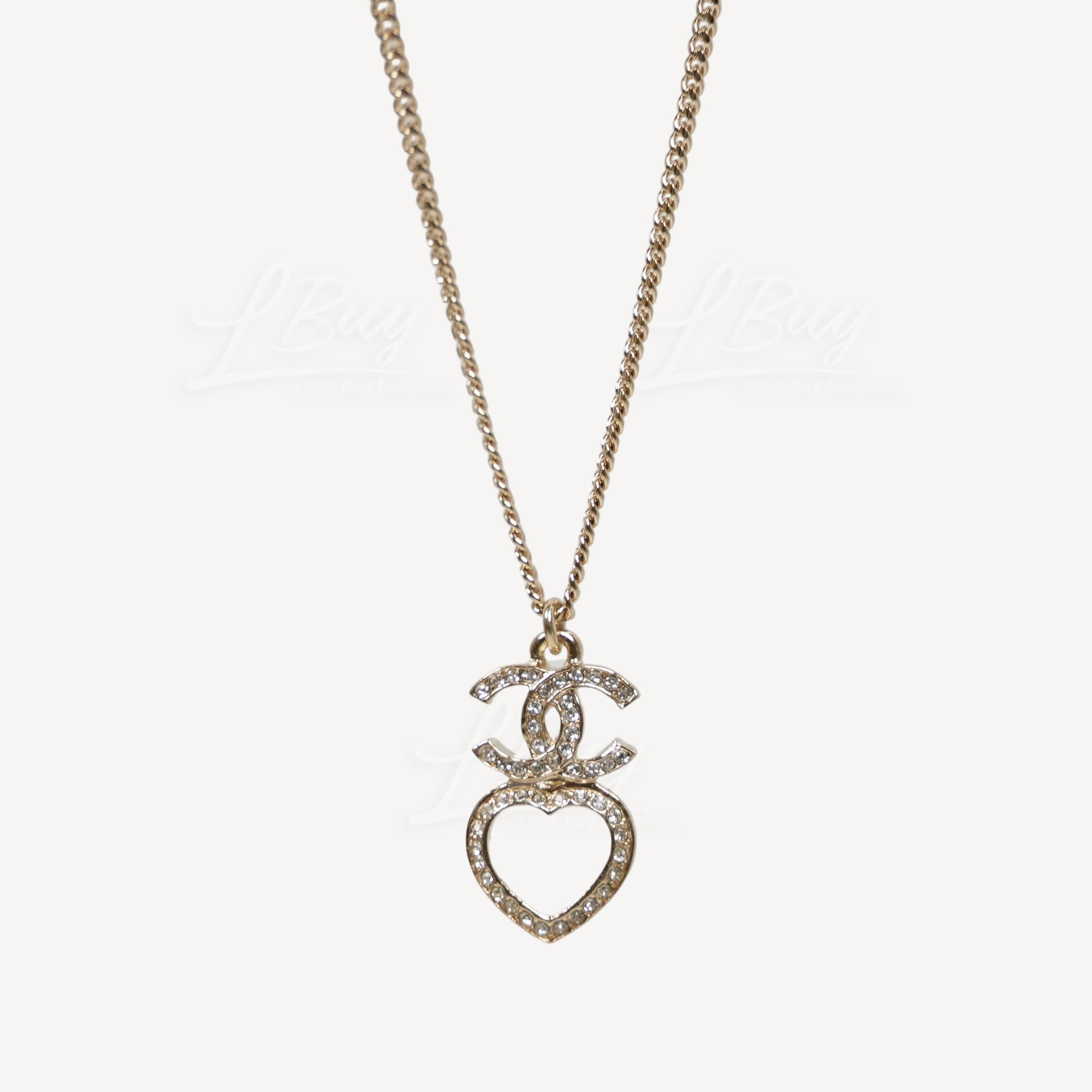 Chanel Heart Shape Rhinestone Gold CC Logo Necklace ABB661