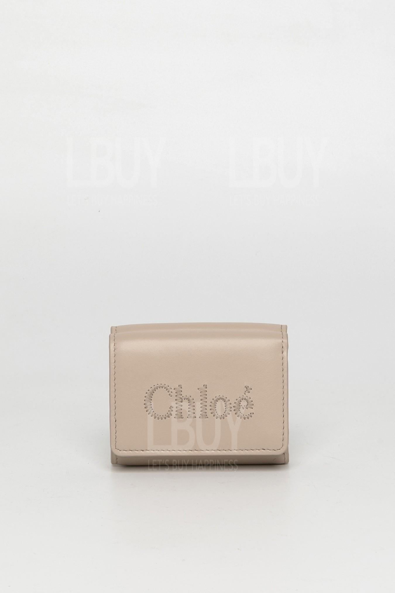 Chloe Sense Embroidered Logo Calfskin Wallet Gray Pink