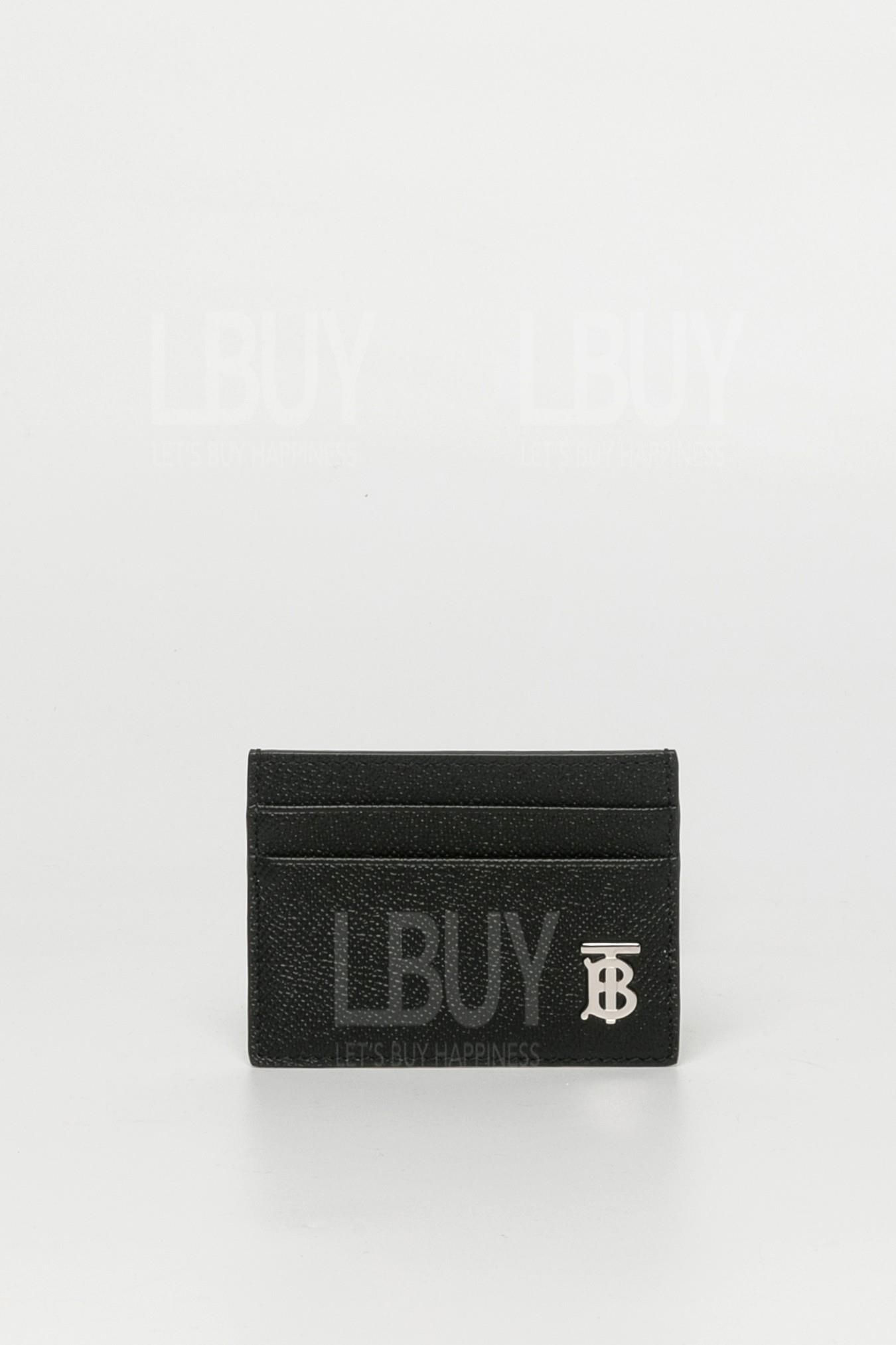 Burberry TB Silver Logo Grained Cowhide Card Holder Black