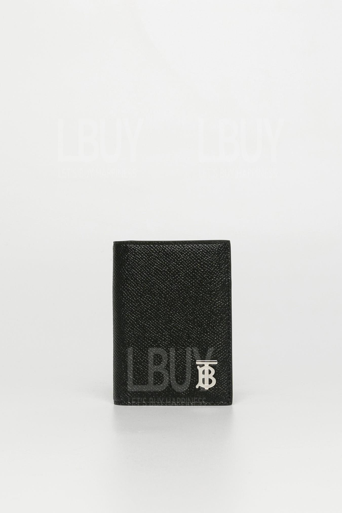 Burberry TB Silver Logo Grained Cowhide Fold Card Holder Black