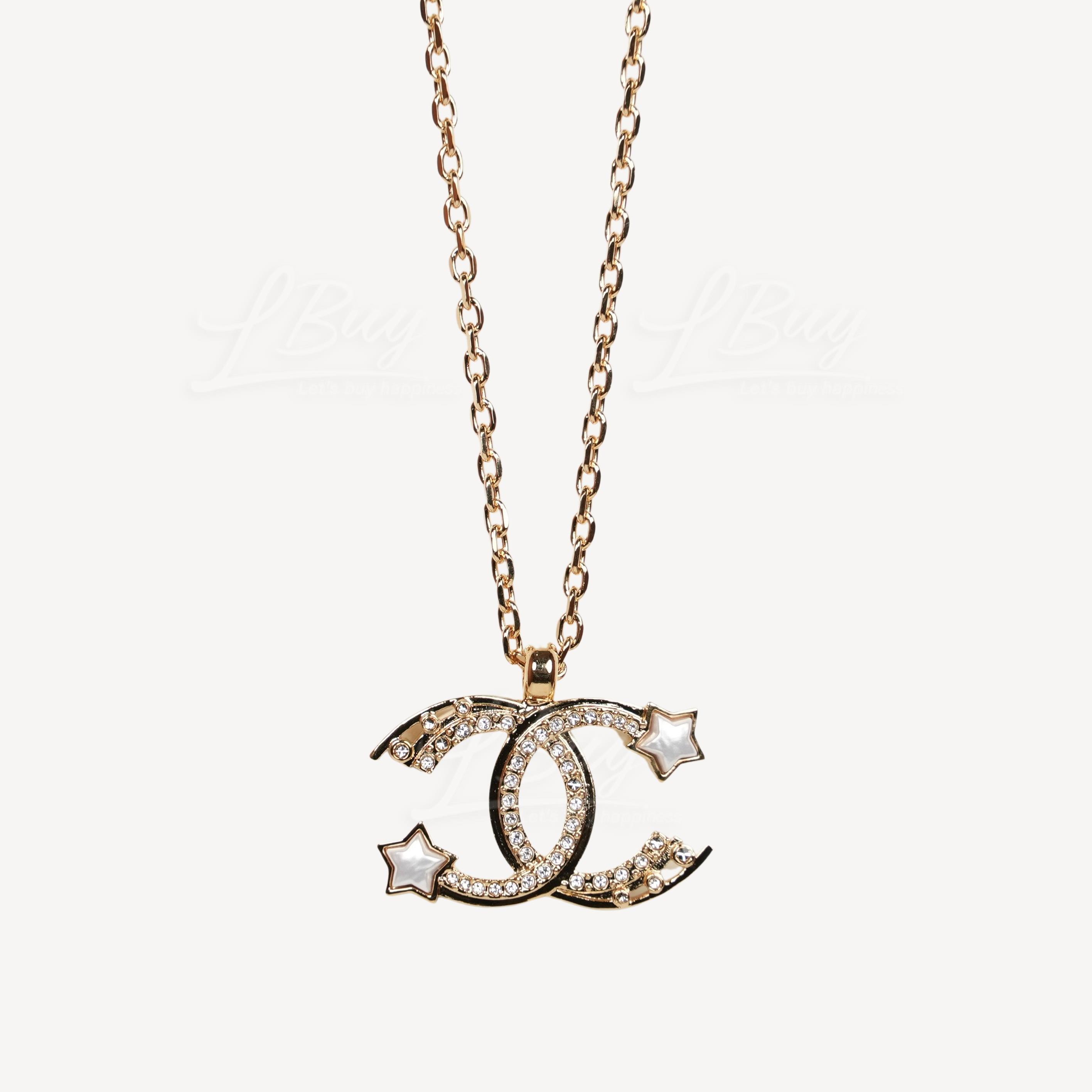 Chanel Pearl Colour Star with Rhinestone CC Logo Gold Necklace ABC473