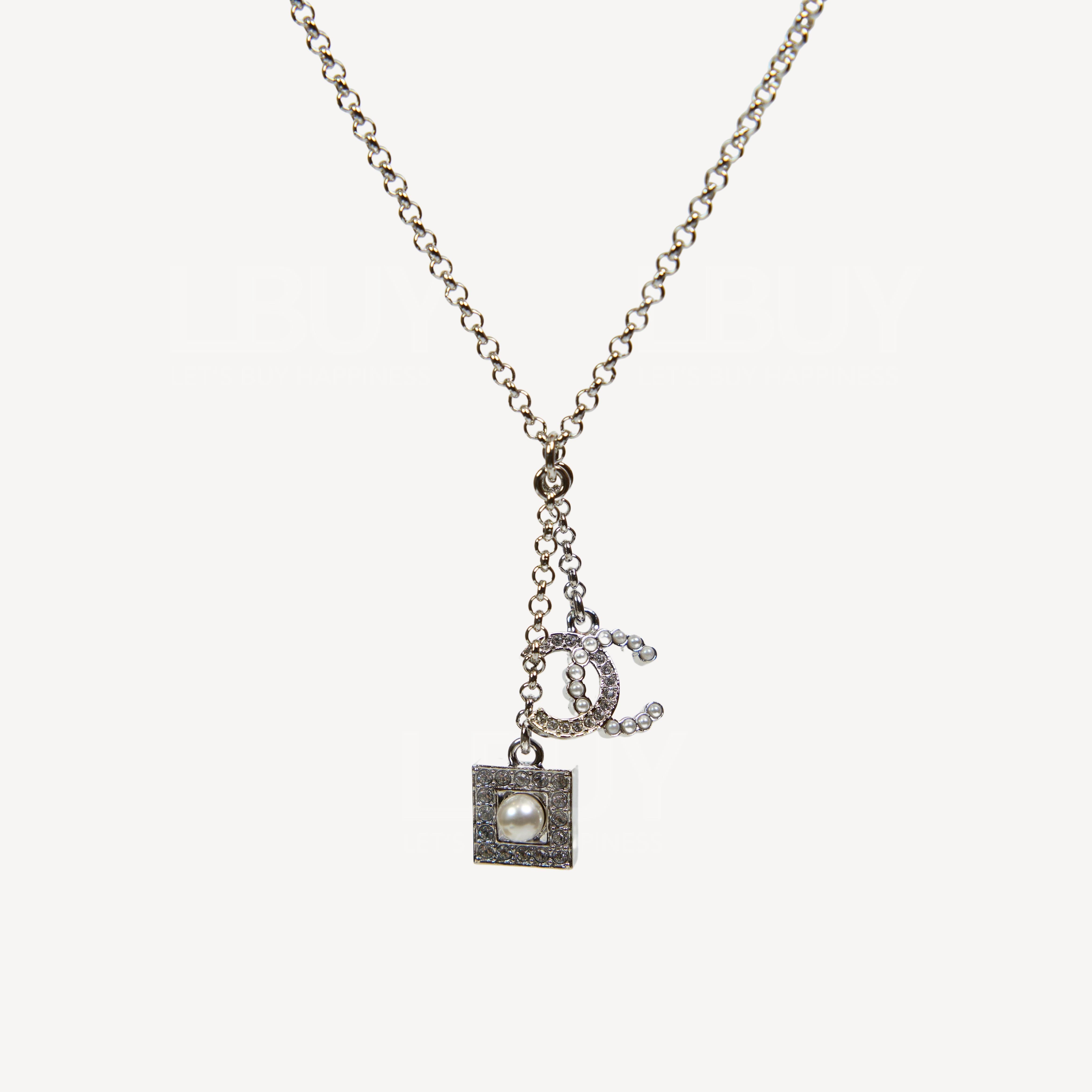Chanel Pearl Rhinestone CC Logo and Square Charm Silver Necklace Pendant ABD455