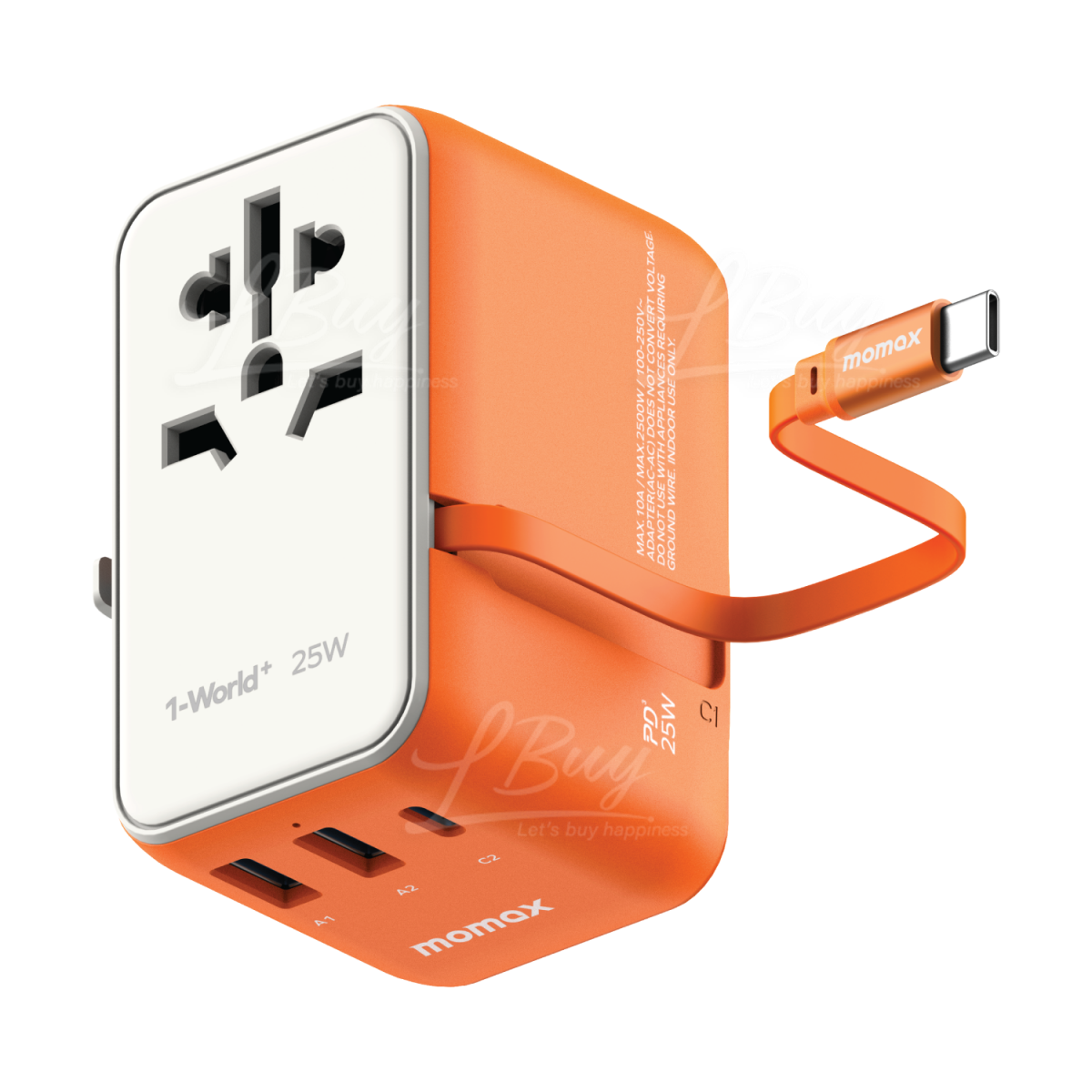 MOMAX 1-World+ 25W GaN3-插口內建 USB-C 充電線+ AC 旅行充電插座 UA20 橙