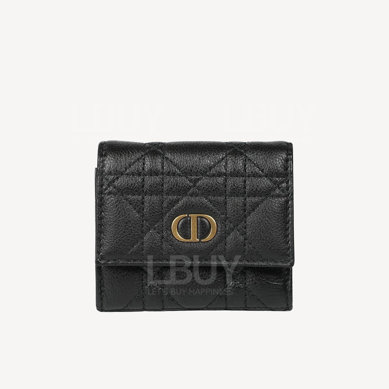 Dior Caro Hibiscus 黑色柔軟 Cannage 藤格紋圖案小牛皮銀包 S5175