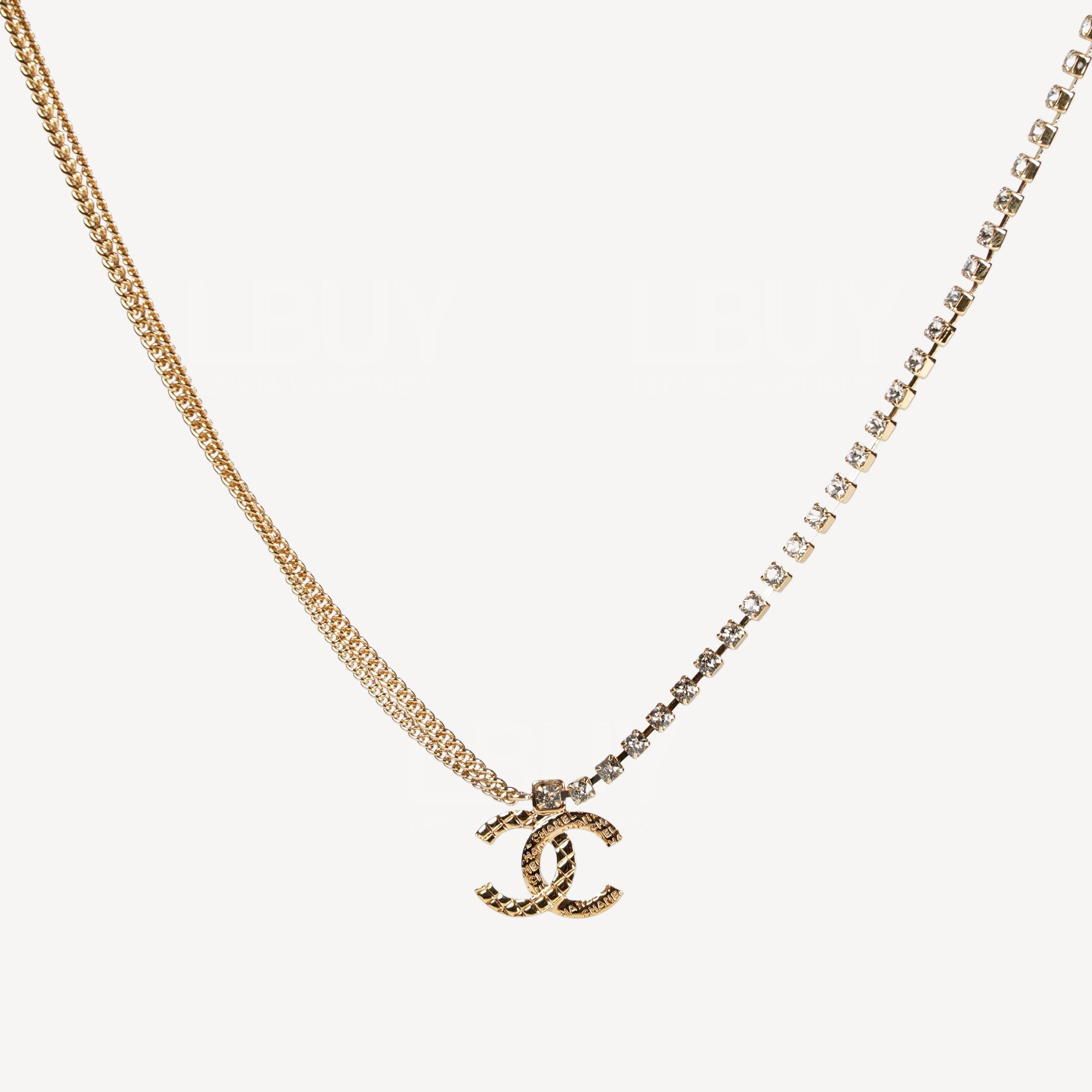 Chanel 金色菱格纹拼刻字CC Logo 水钻链拼金色项链 ABD014