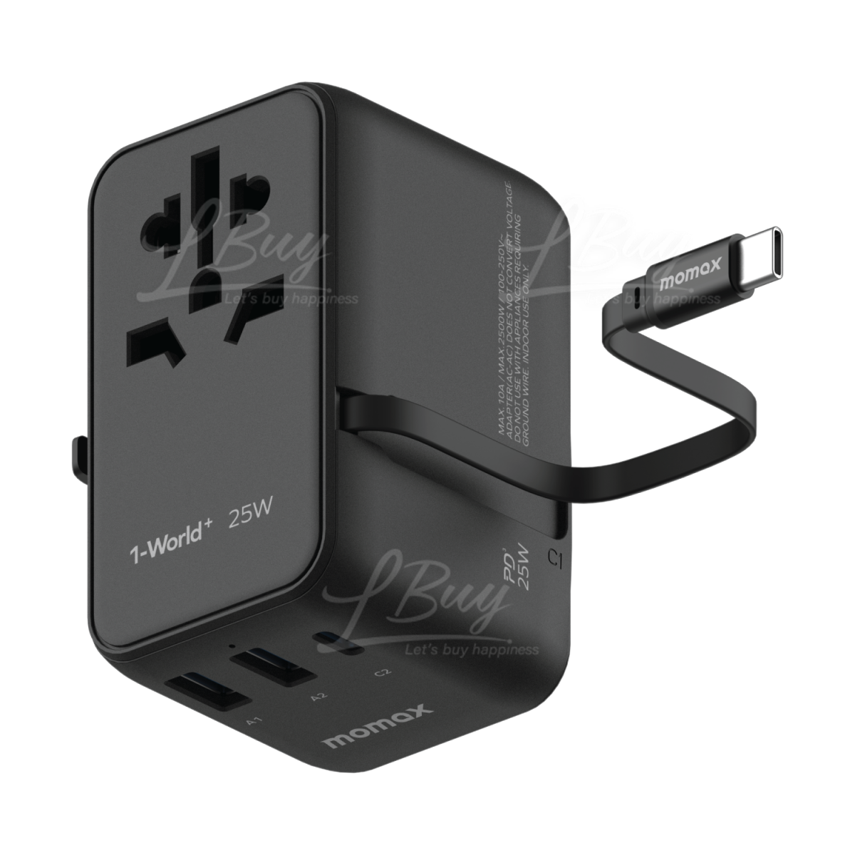 MOMAX 1-World+ 25W GaN3-插口內建 USB-C 充電線+ AC 旅行充電插座 UA20 黑
