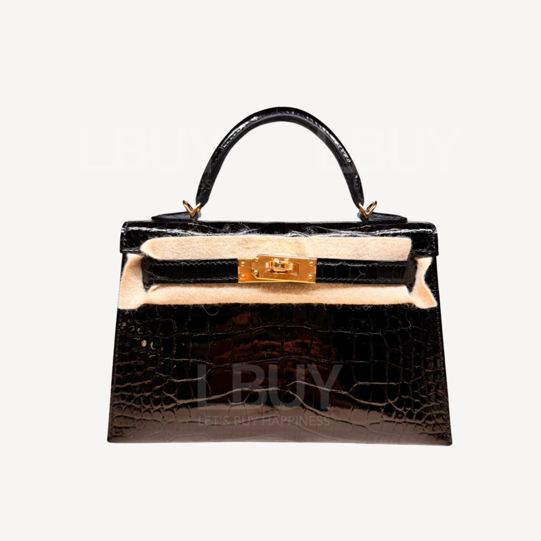 Hermes Mini Kelly II 亮面 鳄鱼皮 黑色金扣