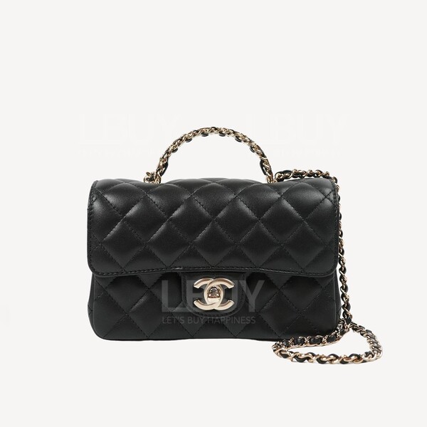 Chanel-Chanel 水鑽手挽金色CC Logo 18cm黑色垂蓋手袋AS4140