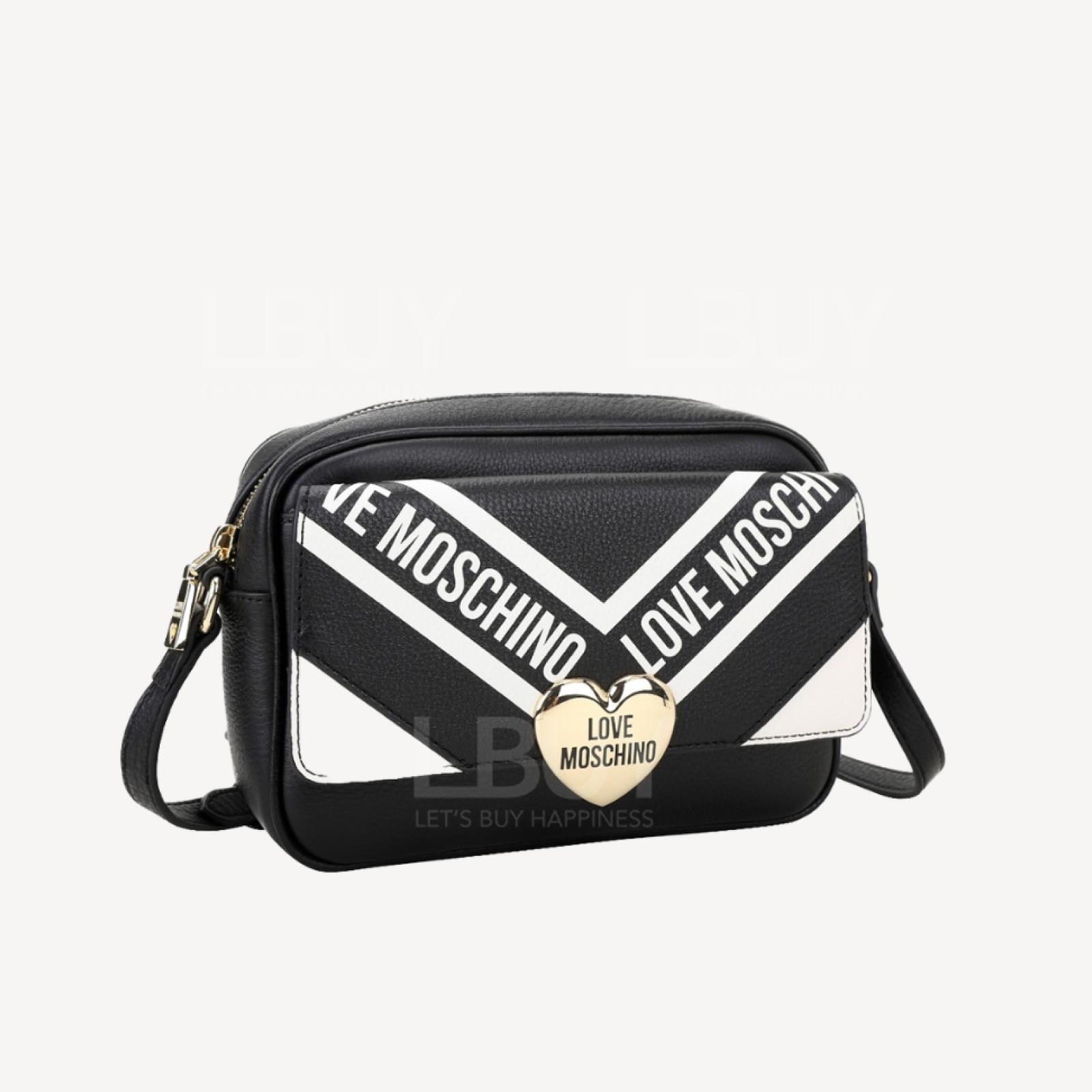 Love Moschino 黑色併白色金屬心型Logo牛皮相機包