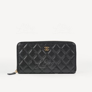 Chanel Zip Around Long Wallet Black with Gold CC logo AP0242