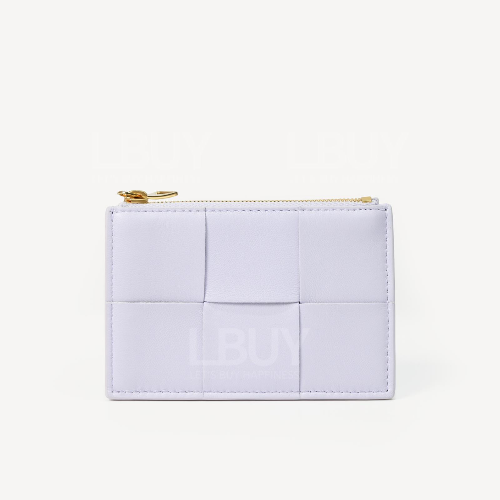 Bottega Veneta 大格編織皮革拉錬卡包卡片套 粉紫色