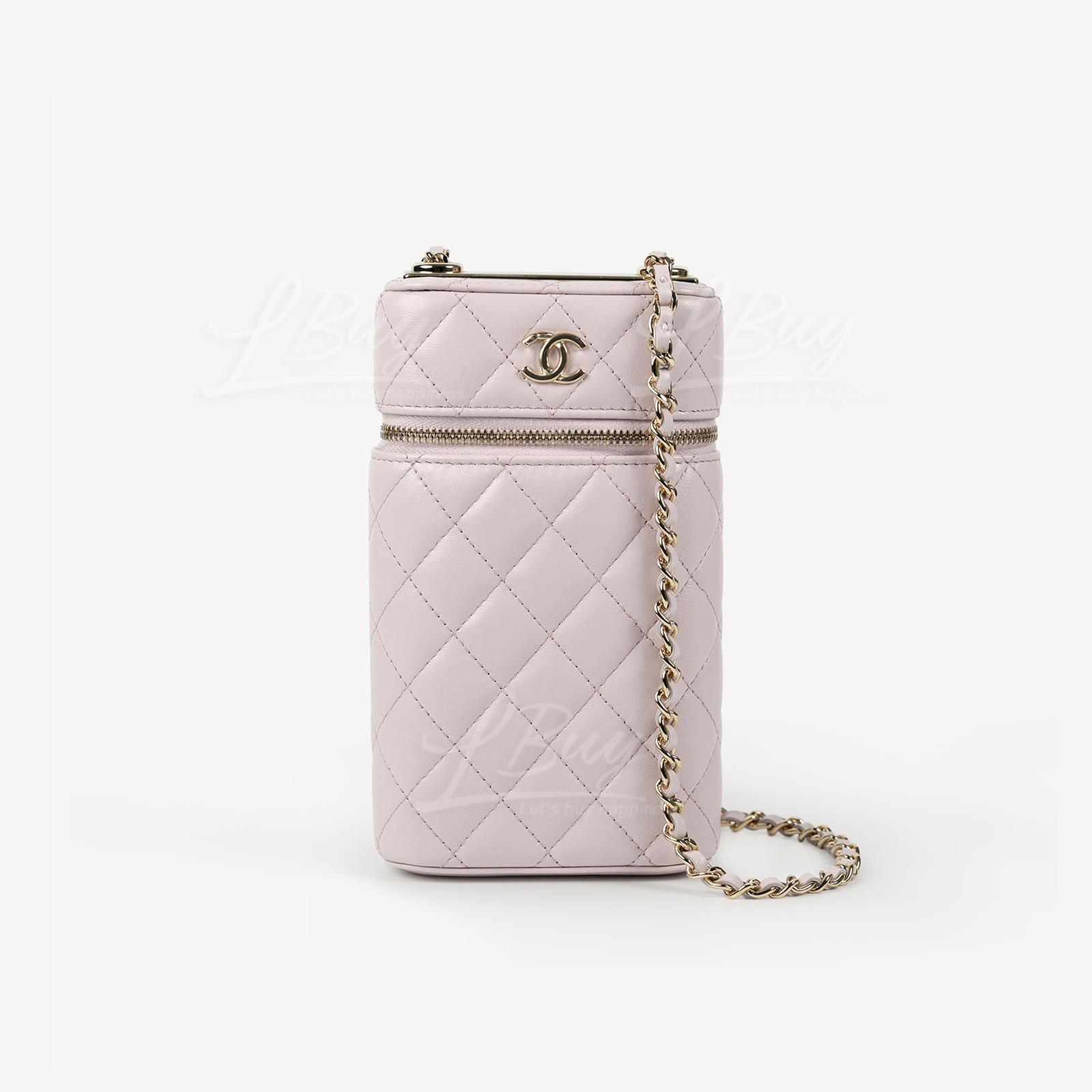 Chanel Gold Metal Light Pink Phone Bag Vanity Case with Chain AP2091