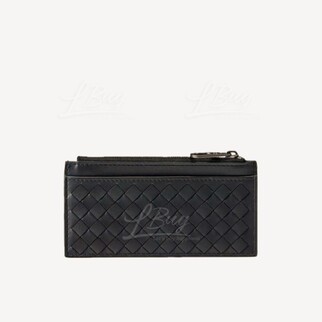 Bottega Veneta Woven Leather Zipper Card Holder Black 566430