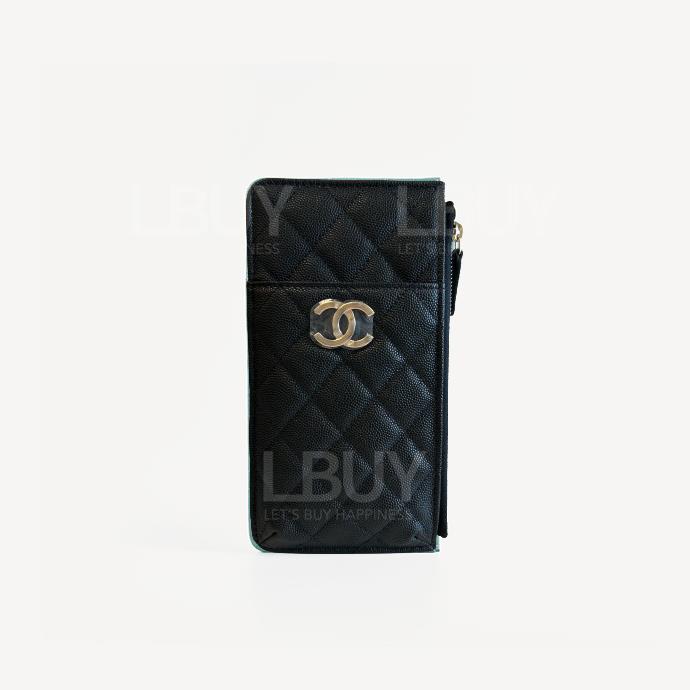 Chanel Zipper Coinsbag Card Holder Phone Bag Black with Large Silver Tone Metal LD19